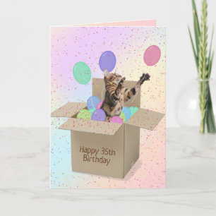 Bengal cat in carton box for 35th birthday card