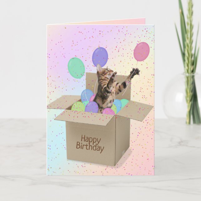 Bengal cat in carton box with balloon birthday card (Front)