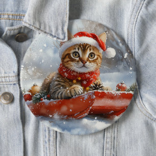 Bengal Cat in Sledge Let it Snow Christmas 6 Cm Round Badge