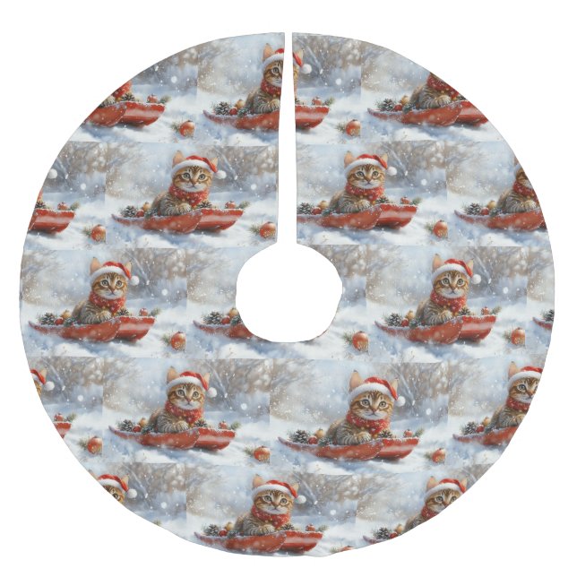 Bengal Cat in Sledge Let it Snow Christmas Brushed Polyester Tree Skirt (Front)