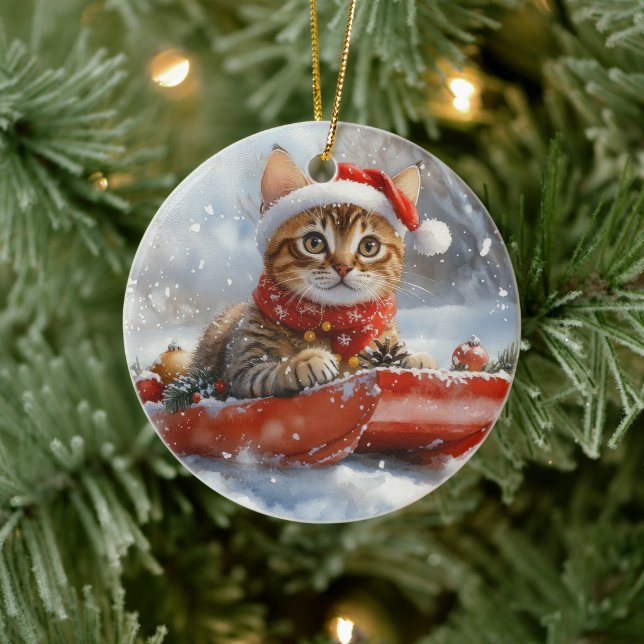 Bengal Cat in Sledge Let it Snow Christmas Ceramic Tree Decoration (Tree)
