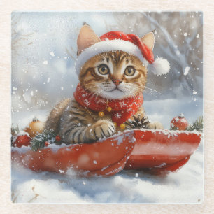 Bengal Cat in Sledge Let it Snow Christmas Glass Coaster