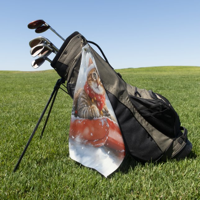 Bengal Cat in Sledge Let it Snow Christmas Golf Towel (Green)