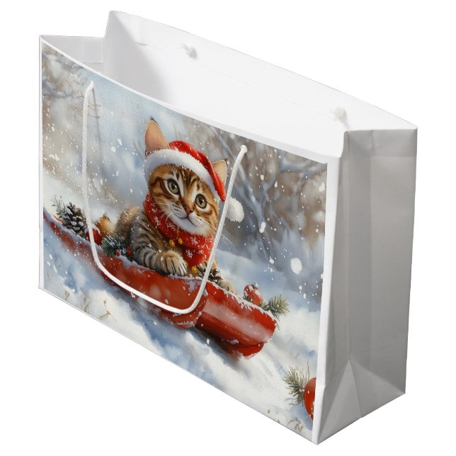 Bengal Cat in Sledge Let it Snow Christmas Large Gift Bag (Front Angled)