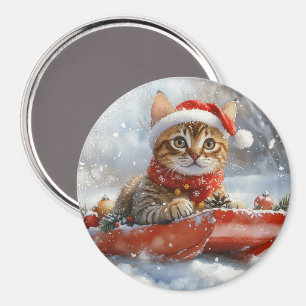 Bengal Cat in Sledge Let it Snow Christmas Magnet