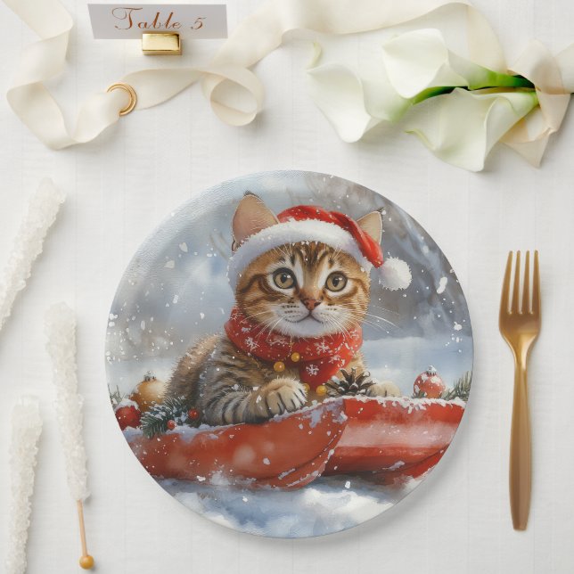 Bengal Cat in Sledge Let it Snow Christmas Paper Plate (Wedding)