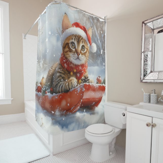 Bengal Cat in Sledge Let it Snow Christmas Shower Curtain (In Situ)