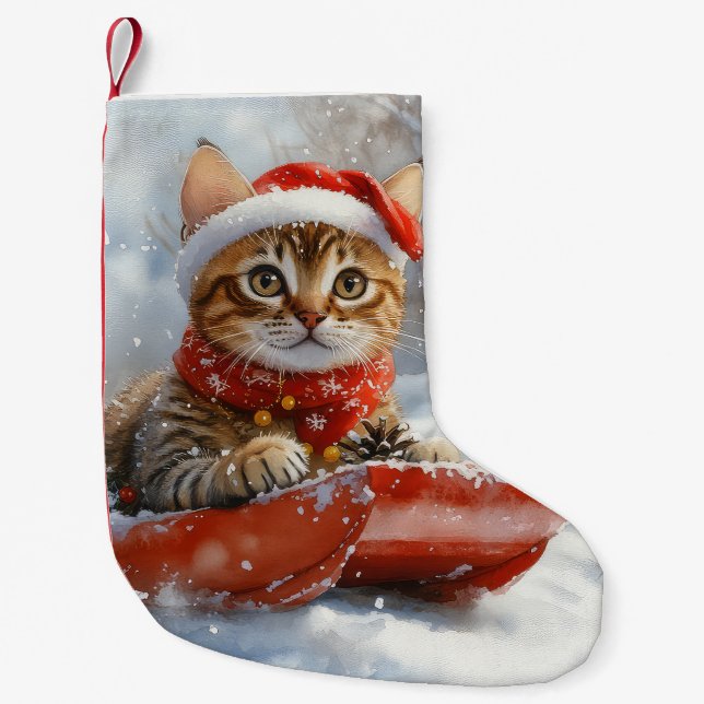 Bengal Cat in Sledge Let it Snow Christmas Small Christmas Stocking (Front)
