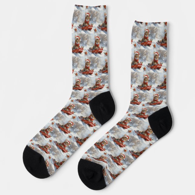 Bengal Cat in Sledge Let it Snow Christmas Socks (Left)