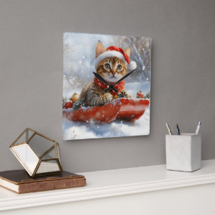 Bengal Cat in Sledge Let it Snow Christmas Square Wall Clock