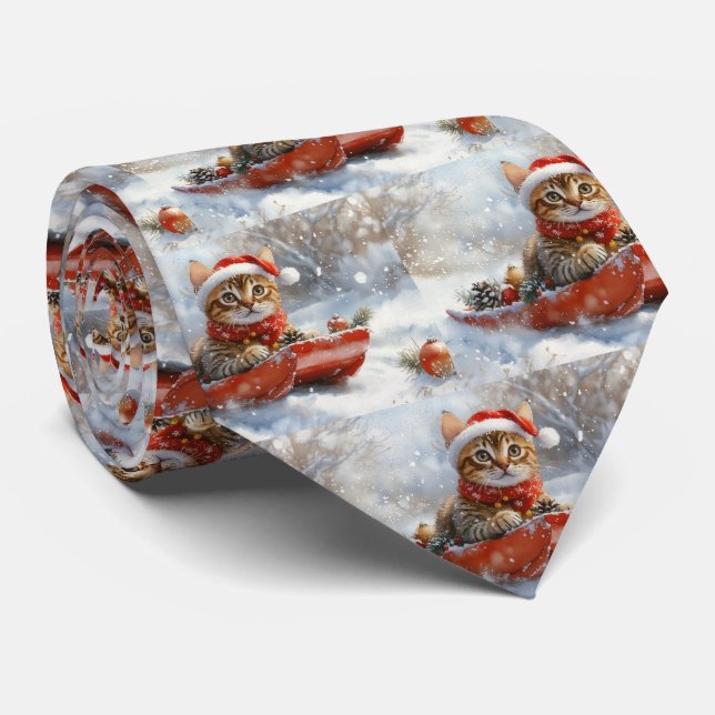 Bengal Cat in Sledge Let it Snow Christmas Tie (Rolled)