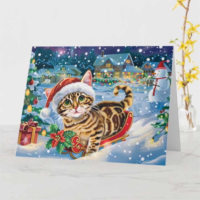 Bengal Cat in Sleigh Snow Christmas Card (Yellow Flower)