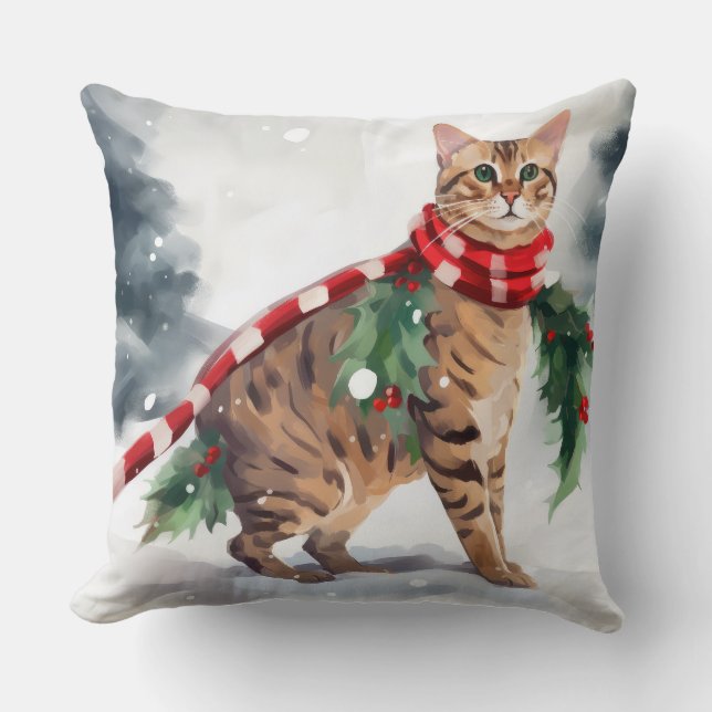 Bengal Cat in Snow Christmas  Cushion (Front)