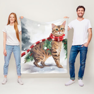 Bengal Cat in Snow Christmas  Fleece Blanket