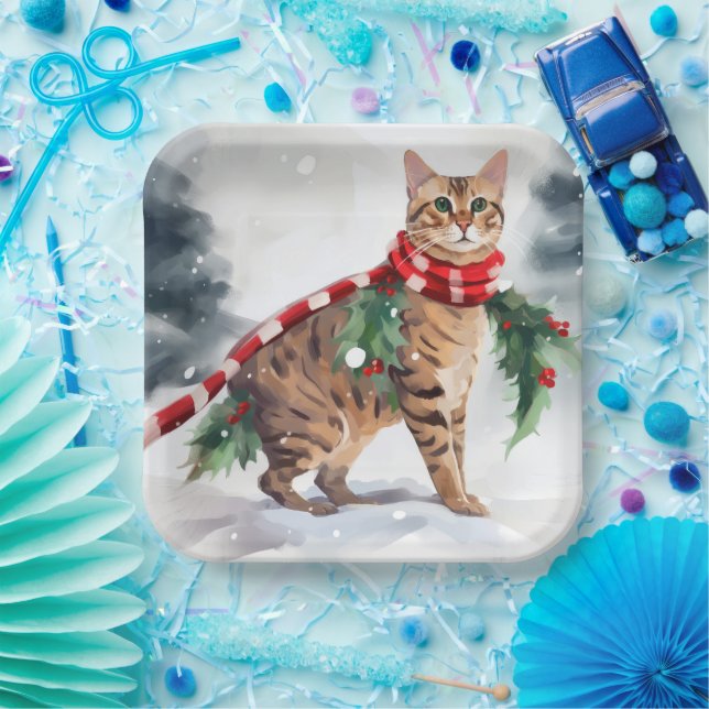 Bengal Cat in Snow Christmas  Paper Plate (Party)