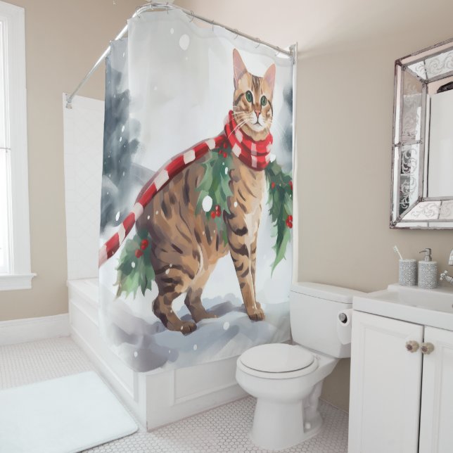 Bengal Cat in Snow Christmas  Shower Curtain (In Situ)