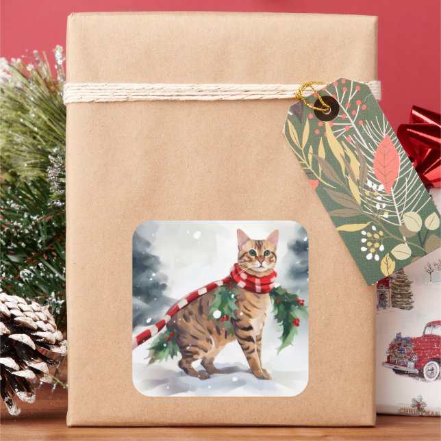 Bengal Cat in Snow Christmas  Square Sticker (Holiday)