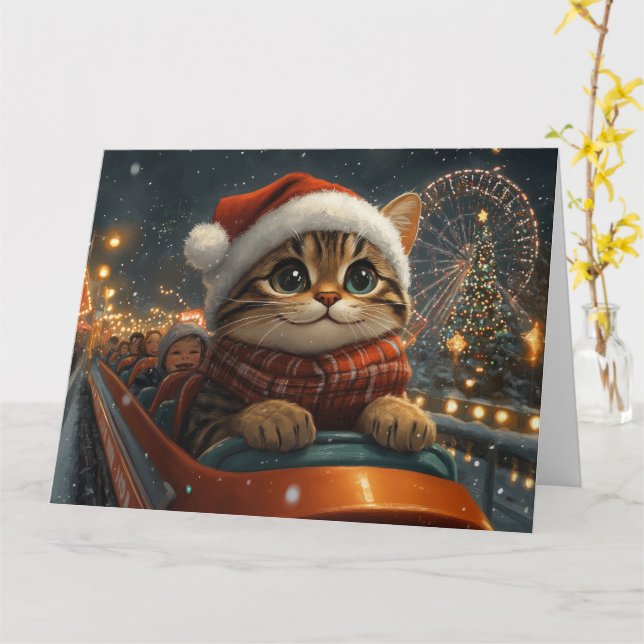 Bengal Cat Roller Coaster Christmas Card (Yellow Flower)