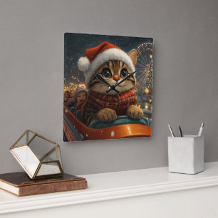 Bengal Cat Roller Coaster Christmas Square Wall Clock
