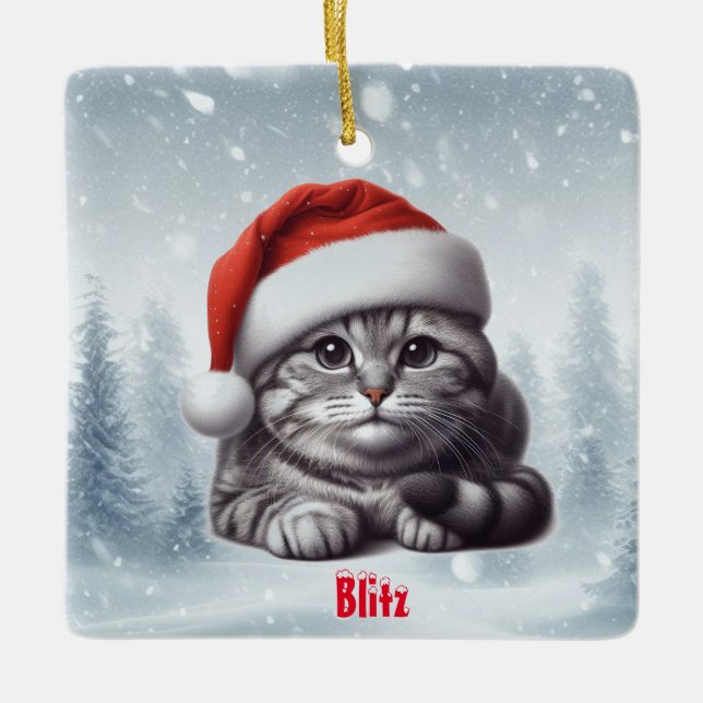 Bengal Cat Snowy Christmas Ceramic Ornament (Front)