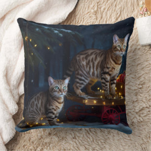 Bengal Cat Snowy Sleigh Ride Christmas Decor  Cushion