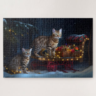 Bengal Cat Snowy Sleigh Ride Christmas Decor Jigsaw Puzzle