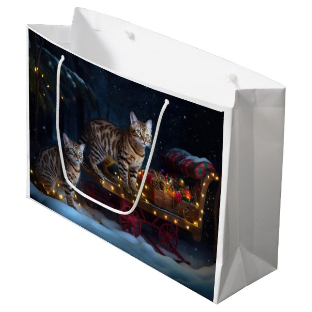 Bengal Cat Snowy Sleigh Ride Christmas Decor  Large Gift Bag (Front Angled)