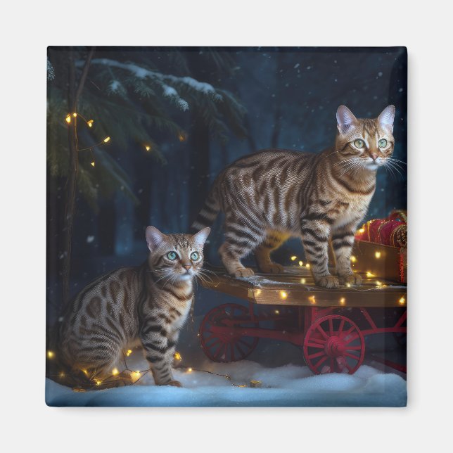 Bengal Cat Snowy Sleigh Ride Christmas Decor  Magnet (Front)