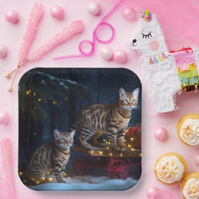 Bengal Cat Snowy Sleigh Ride Christmas Decor  Paper Plate (Party)