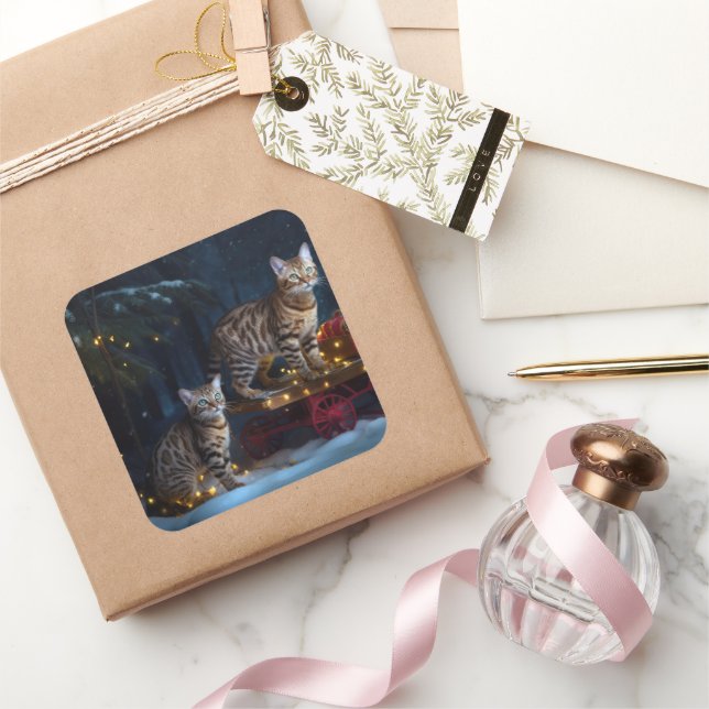 Bengal Cat Snowy Sleigh Ride Christmas Decor  Square Sticker (Gifting)