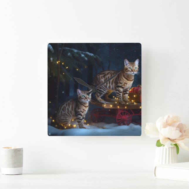 Bengal Cat Snowy Sleigh Ride Christmas Decor  Square Wall Clock (Home)