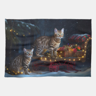 Bengal Cat Snowy Sleigh Ride Christmas Decor Tea Towel