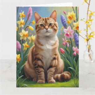 Bengal Cat Spring Flowers Painting Card