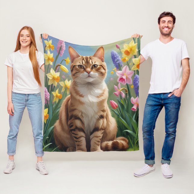 Bengal Cat Spring Flowers Painting Fleece Blanket (In Situ)