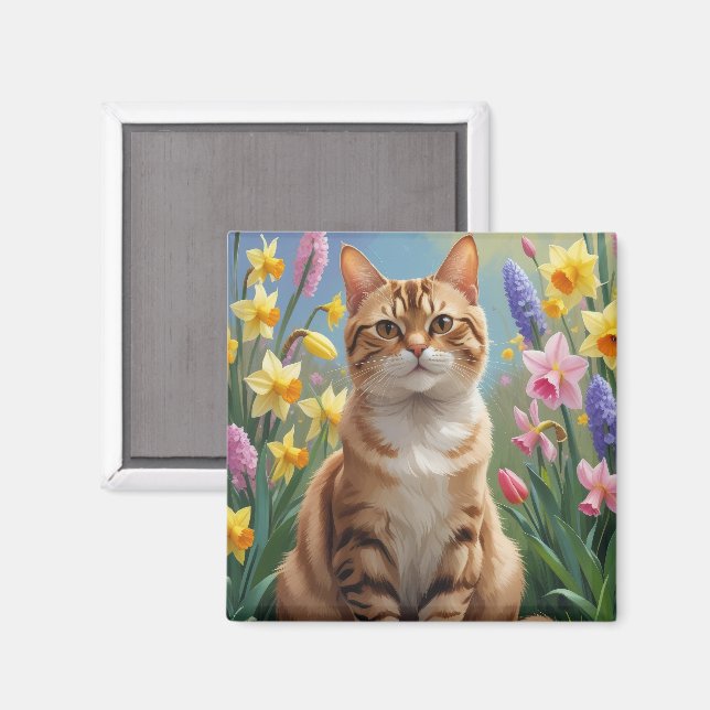 Bengal Cat Spring Flowers Painting Magnet (Front/Back)