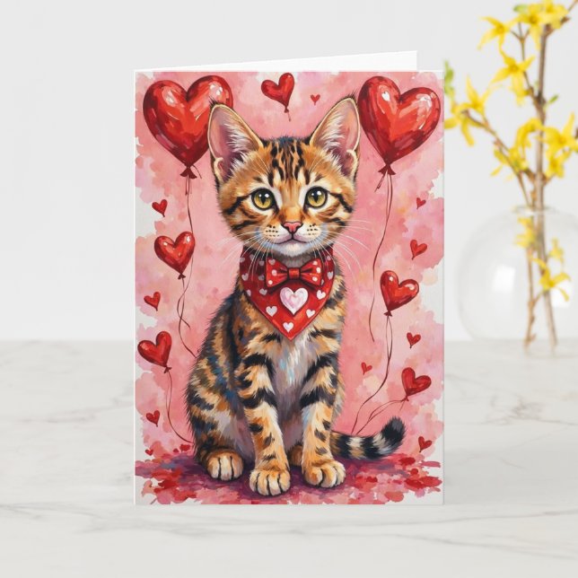 Bengal Cat Valentine Sitting with Hearts Red Card (Yellow Flower)