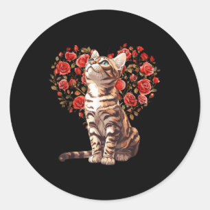 Bengal Cat Valentines Day Floral Heart Design For Classic Round Sticker