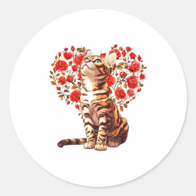 Bengal Cat Valentines Day Floral Heart Design For  Classic Round Sticker (Front)