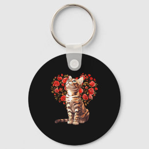 Bengal Cat Valentines Day Floral Heart Design For Key Ring