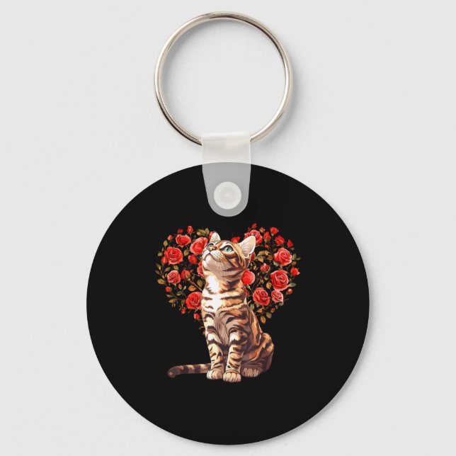 Bengal Cat Valentines Day Floral Heart Design For  Key Ring (Front)