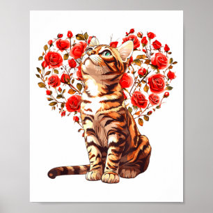 Bengal Cat Valentines Day Floral Heart Design For Poster