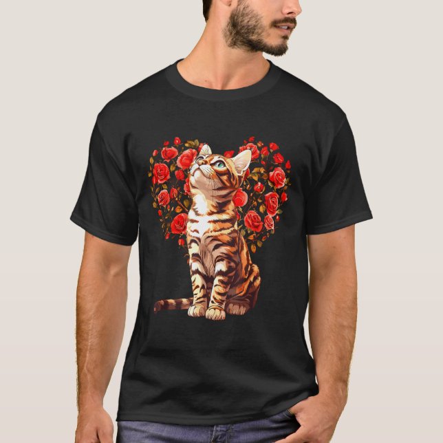 Bengal Cat Valentines Day Floral Heart Design For  T-Shirt (Front)