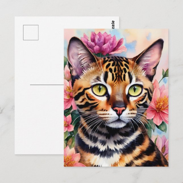 Bengal Cat Watercolor Floral Art Postcard (Front/Back)