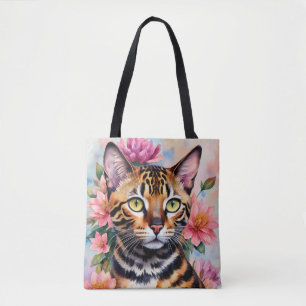 Bengal Cat Watercolor Floral Art Tote Bag