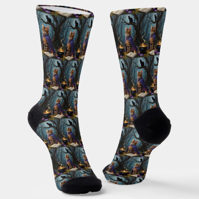 Bengal Cat Whimsical Halloween Painting  Socks (Angled)