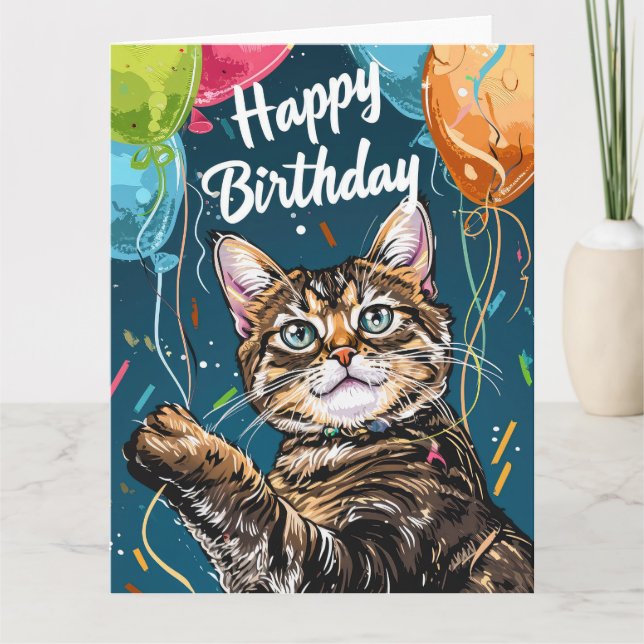 Bengal Cat with Balloons Card (Front)