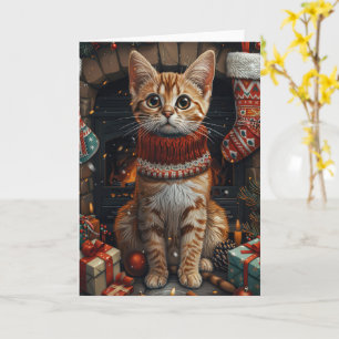 Bengal Cat With Christmas Gifts Fireplace Card