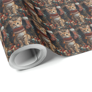 Bengal Cat With Christmas Gifts Fireplace Wrapping Paper
