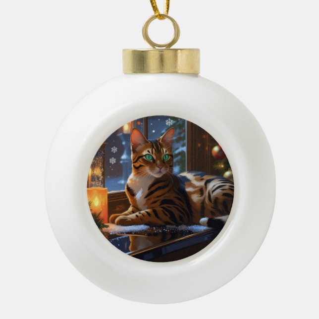 Bengal Cat With Christmas Lights Holiday Ceramic Ball Christmas Ornament (Front)