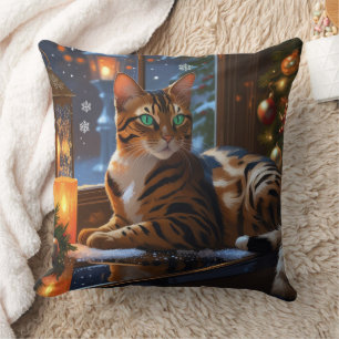 Bengal Cat With Christmas Lights Holiday Cushion